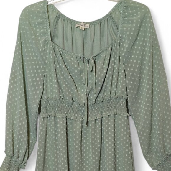 Indigo Rose Sage Green Polka Dot Midi Dress Size M Cottagecore Boho Smocked - Picture 3 of 9